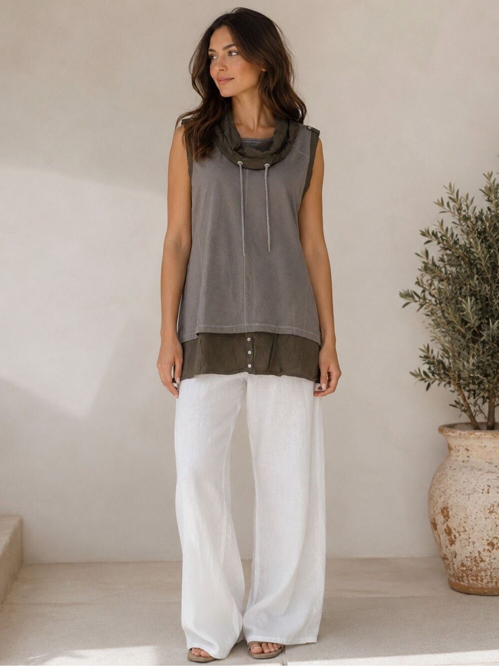 Cecil German Designer Tunic XL Olive Gray Cowl Neck Sleeveless Layered Top